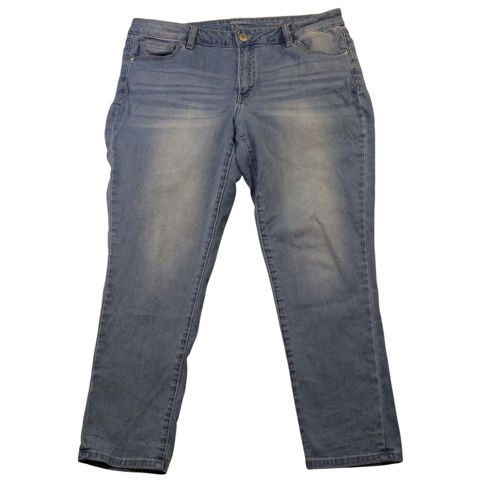 Crown & Ivy Women 14P Straight Leg Jeans Light Wash Whiskered Stretch Ankle